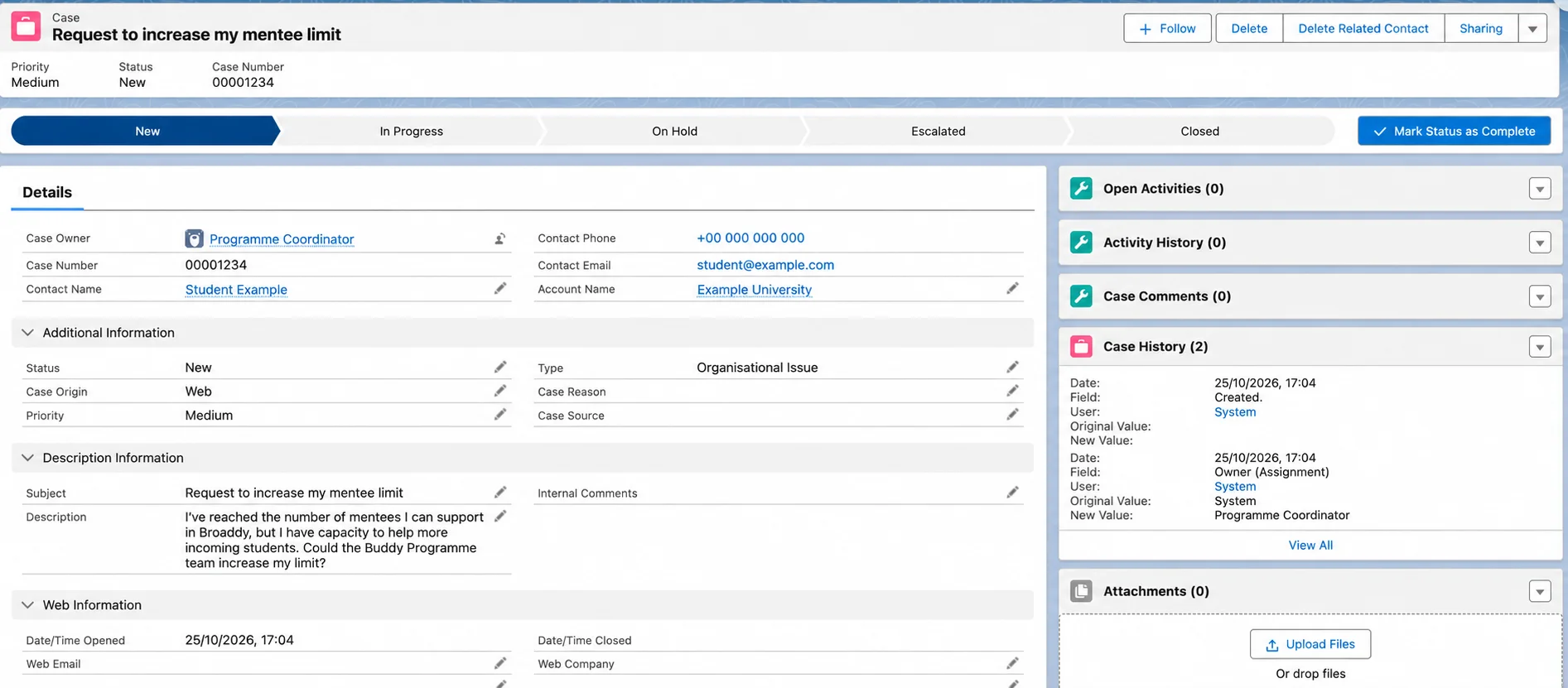 Salesforce Case for a student request to increase the mentee limit, with personal details anonymized