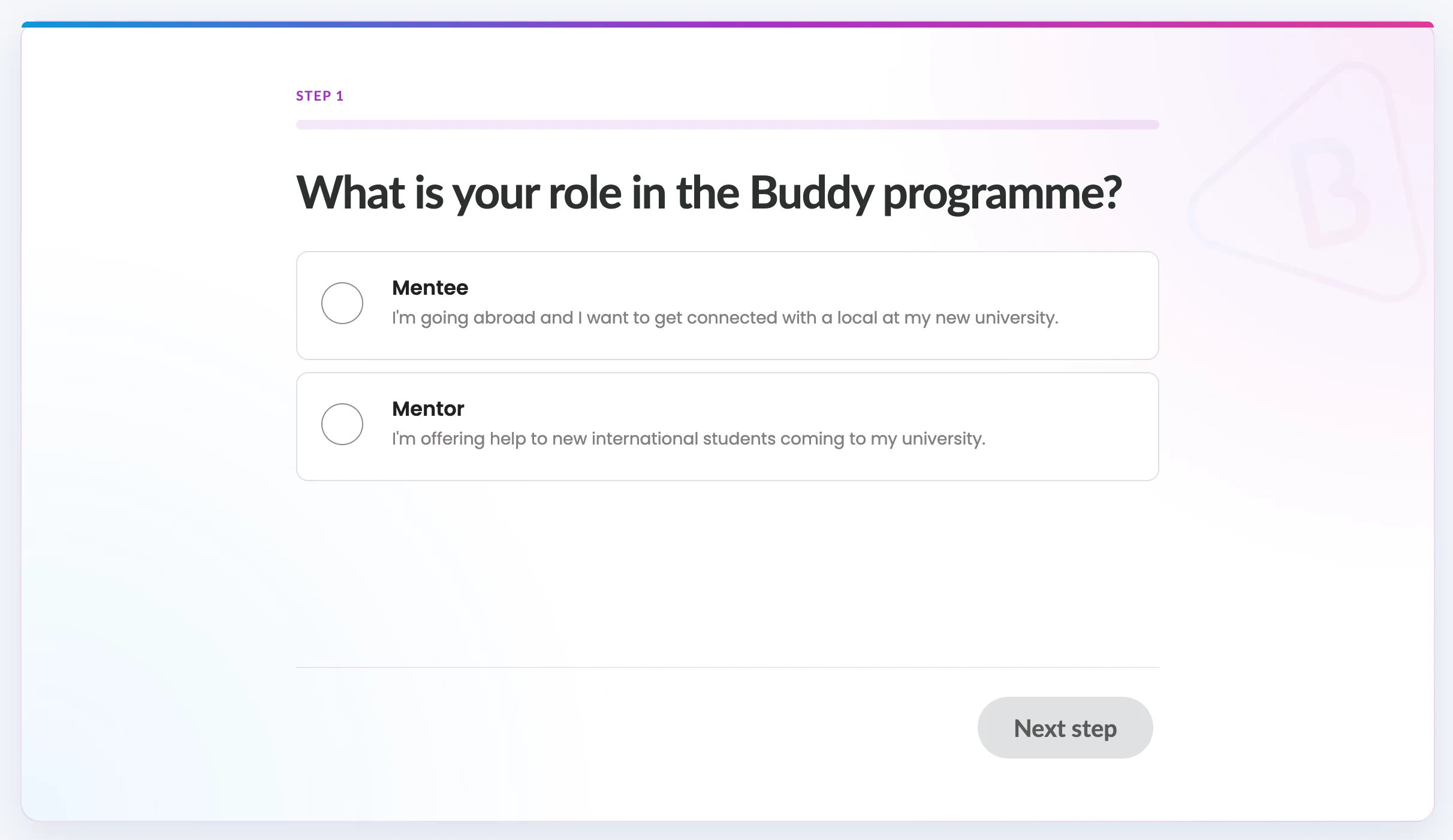 Broaddy registration screen asking students to choose Mentee or Mentor