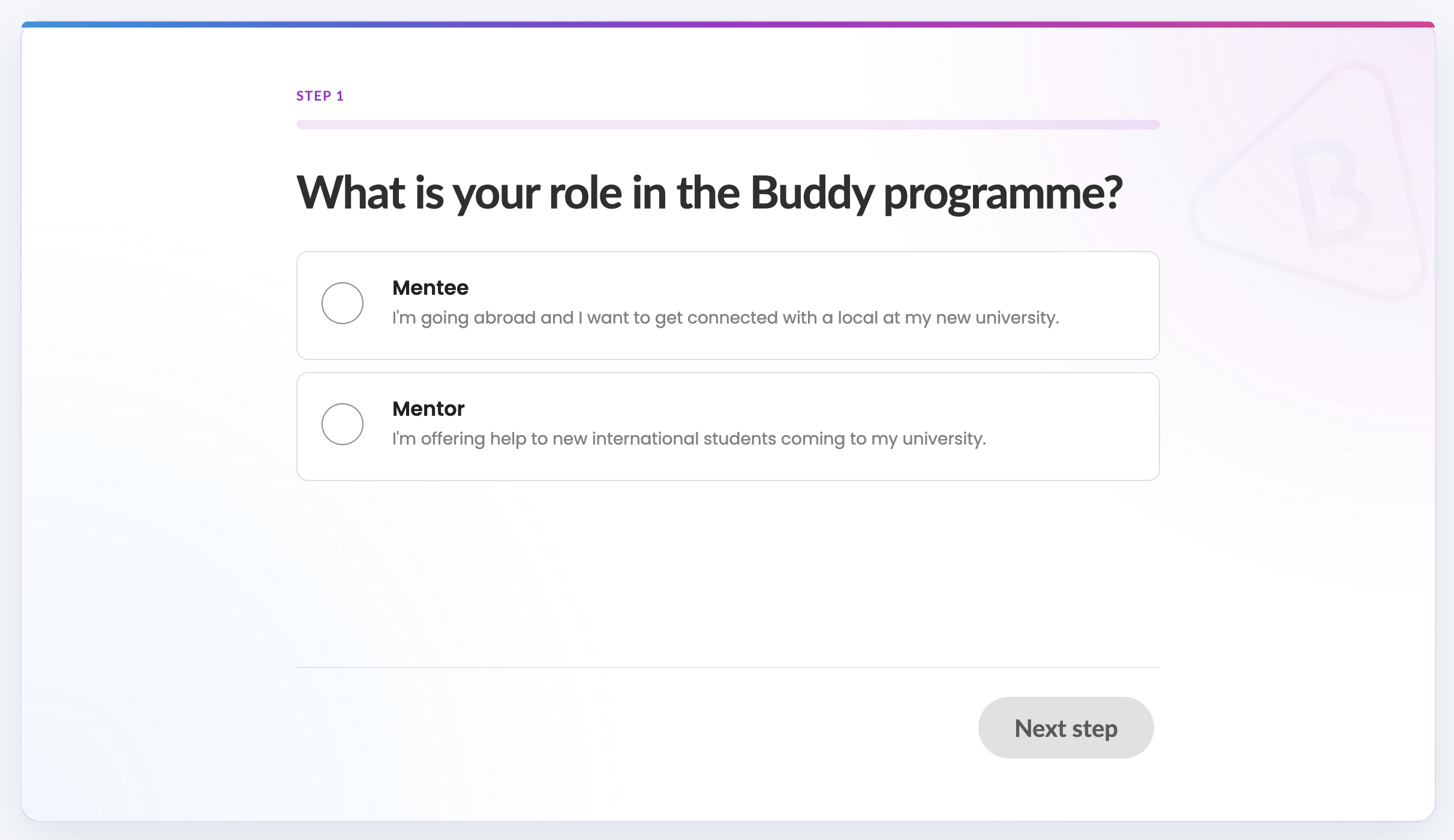 Broaddy registration screen asking students to choose Mentee or Mentor